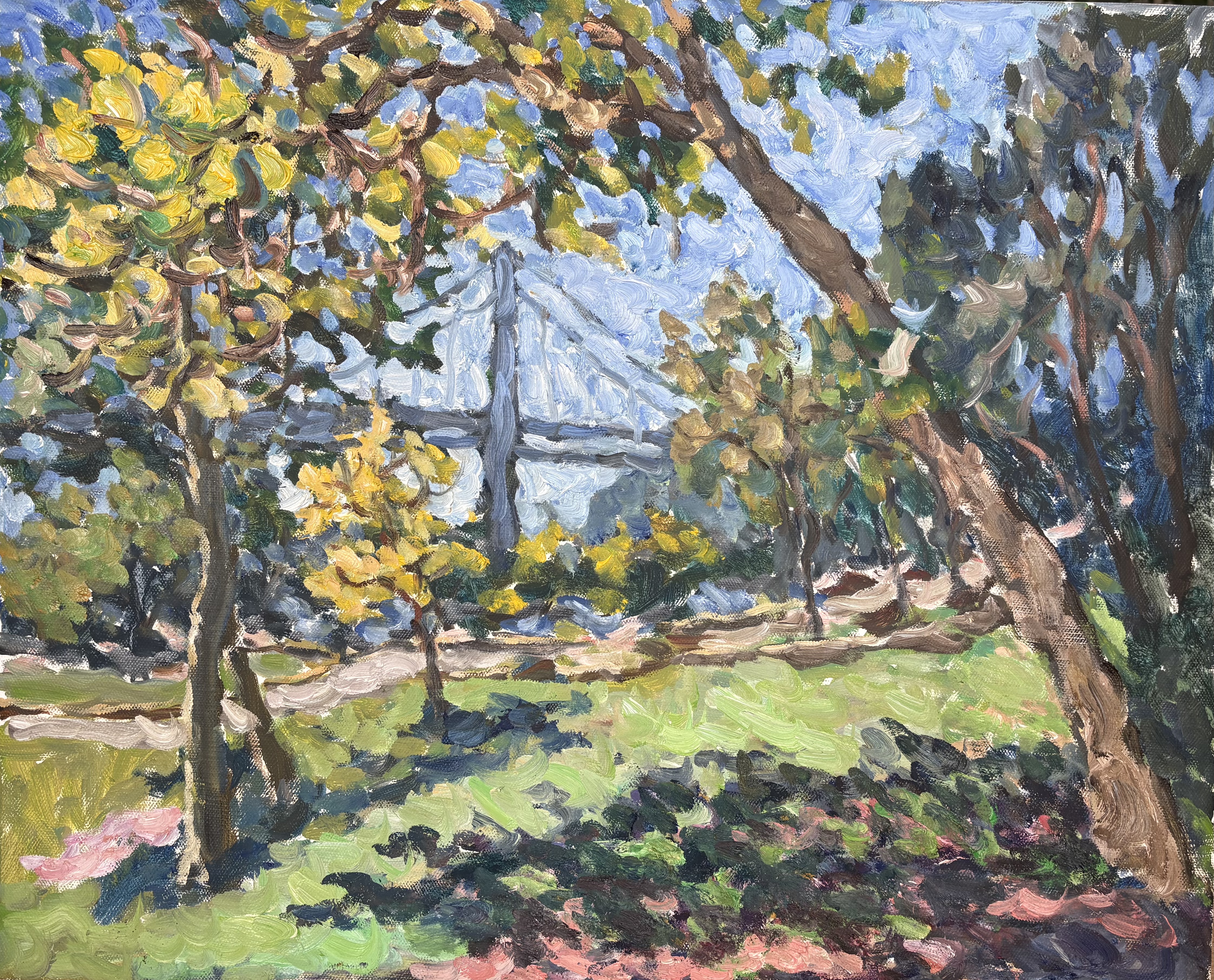 Plein air oil painting of a bridge through autumn trees by instructor Bin Yang 杨缤 - Binyang Fine Arts Studio