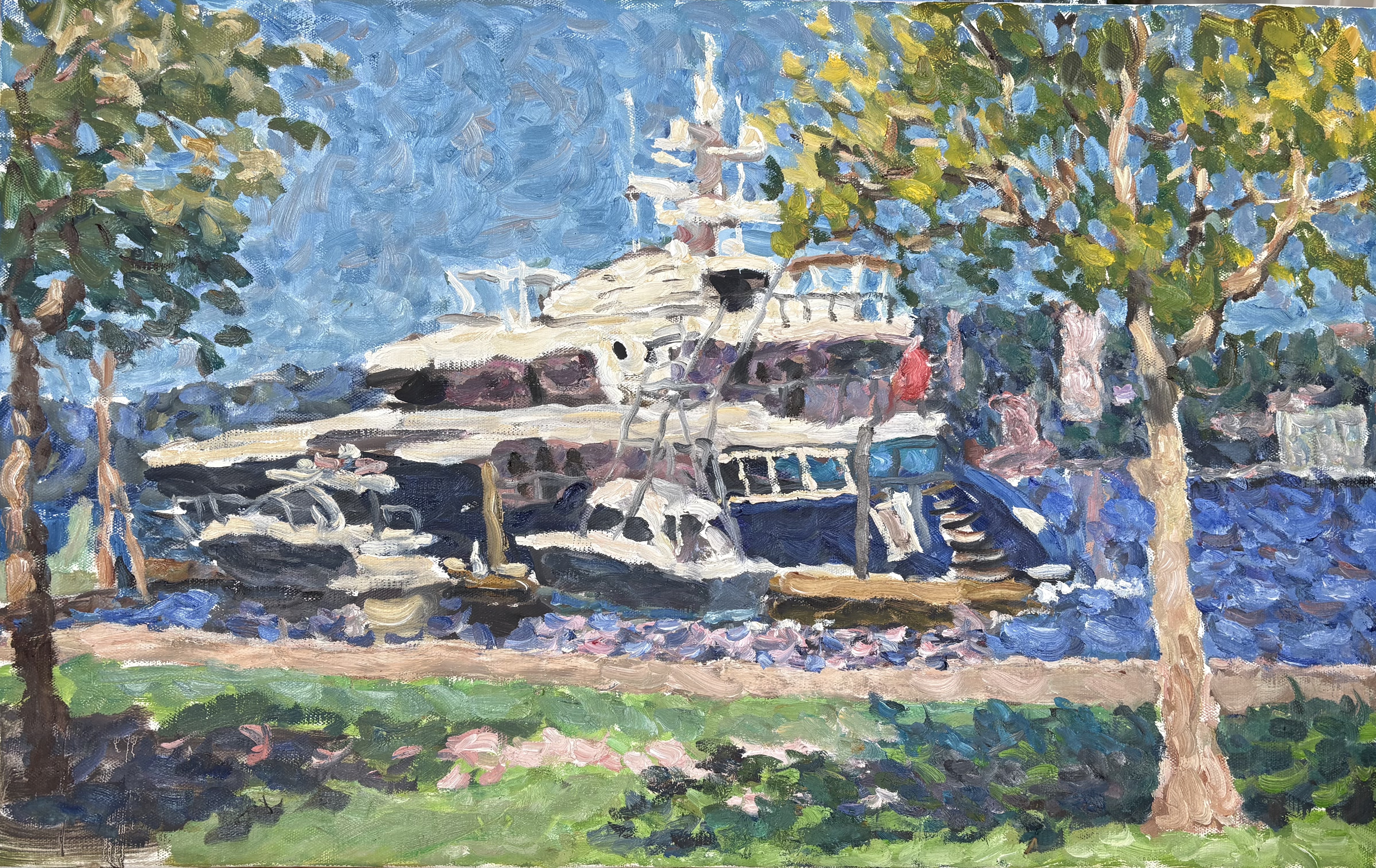 Oil painting of a yacht at a marina by instructor Bin Yang 杨缤 - Binyang Fine Arts Studio