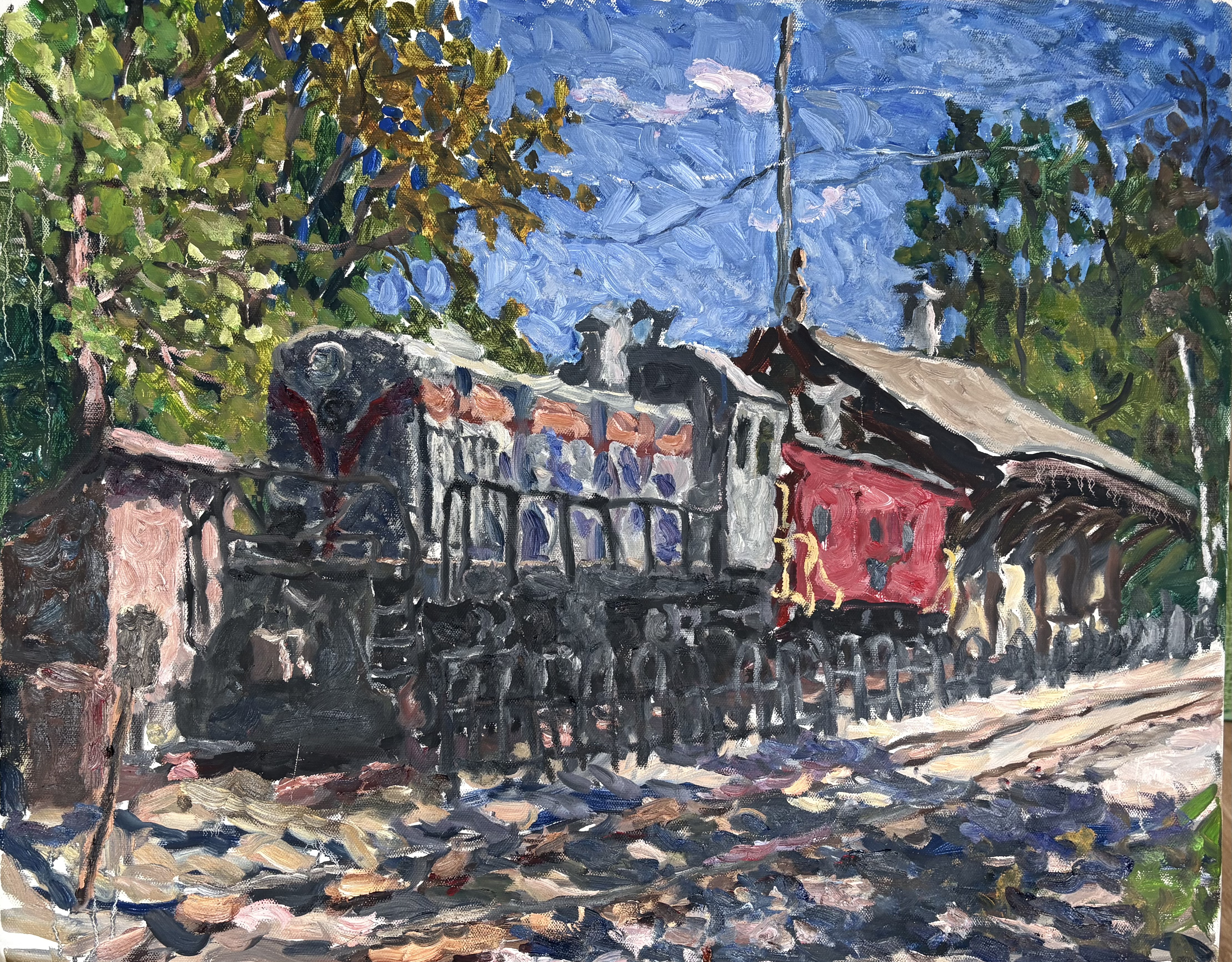 Oil painting of a train engine at a railroad crossing by instructor Bin Yang 杨缤 - Binyang Fine Arts Studio